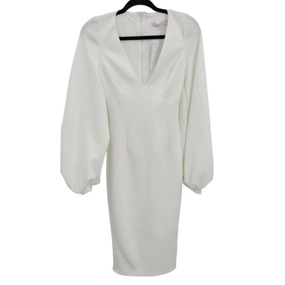 True Violet Dress 8 White Plunge Balloon Sleeve Midi Pencil Elegant Bridal Party - Picture 1 of 17